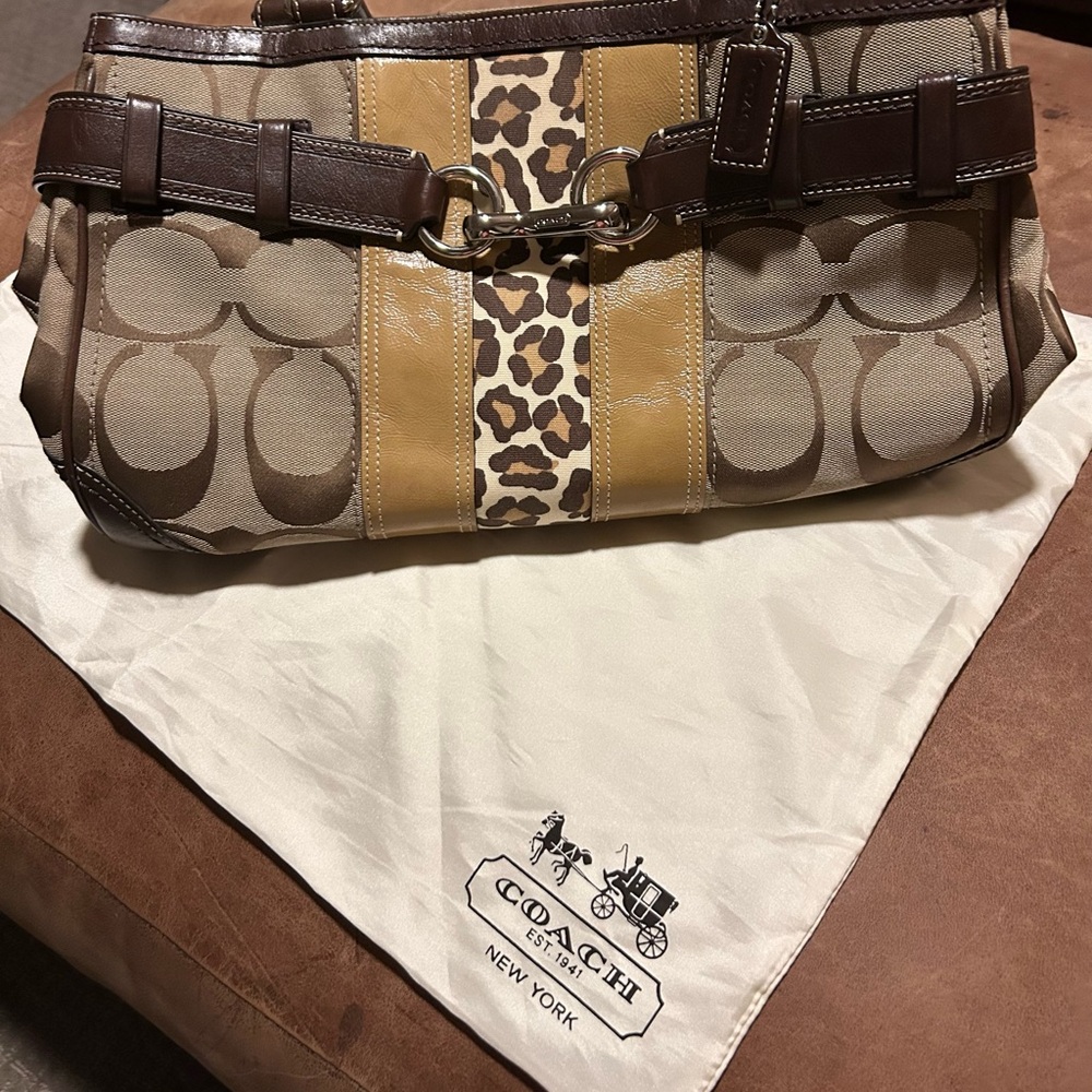 Coach Brown and Tan Hand Bag with Leopard Accent, with Dust bag